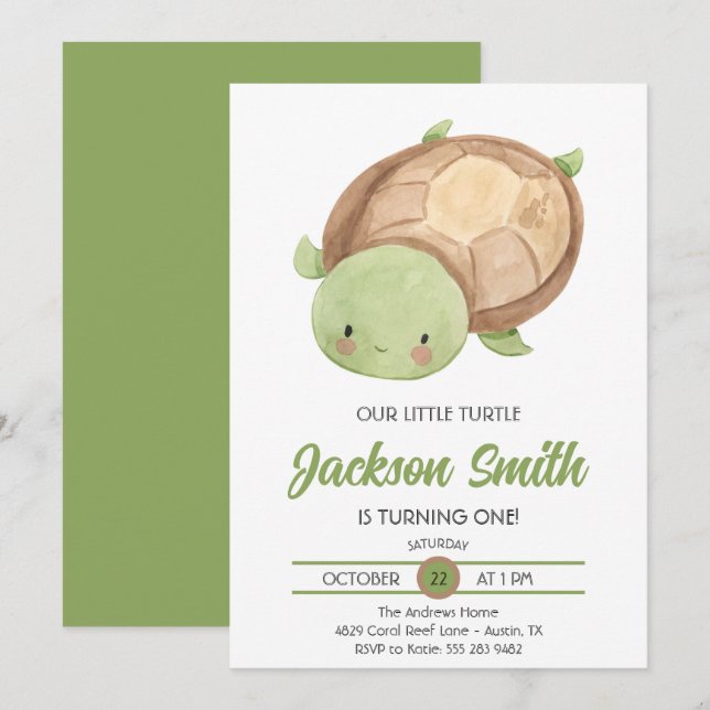 Invitation Cute Little Turtle Aquarelle Anniversaire Fête Inv (Devant / Derrière)