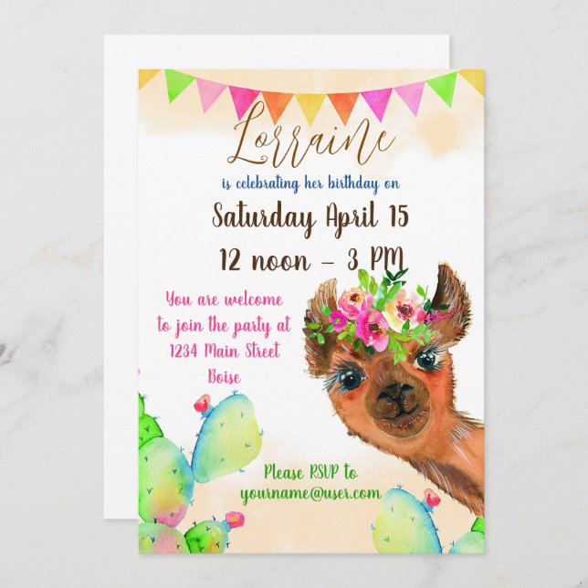 Invitation Cute Llama avec fleurs et cactus personnalisés enf (Devant / Derrière)