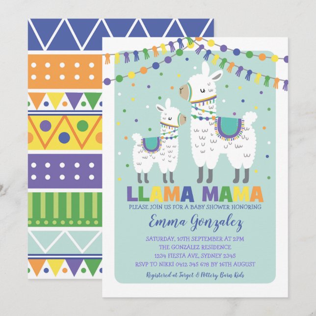 Invitation Cute Llama Baby shower Alpaca bébé garçon Llama Ma (Devant / Derrière)