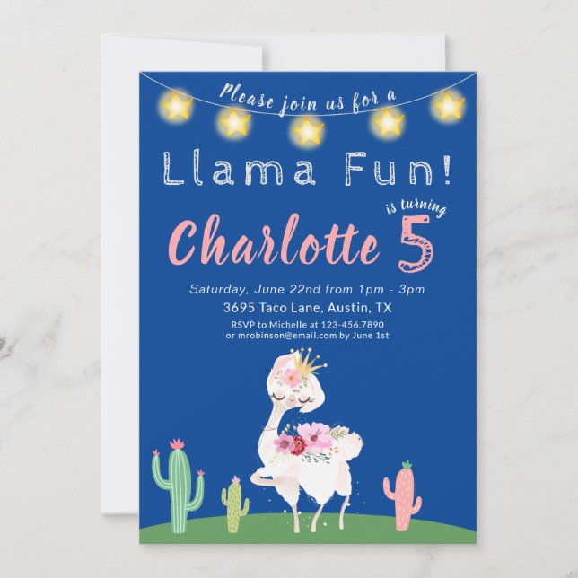 Invitation Cute Llama Fun Blue Anniversaire (Devant)