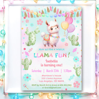 Invitation Cute Llama Fun Cactus Colorful Girl Anniversaire