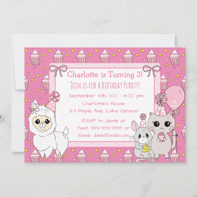 Invitation Cute Llama, Kitten et souris rose fille's Birthday (Devant)