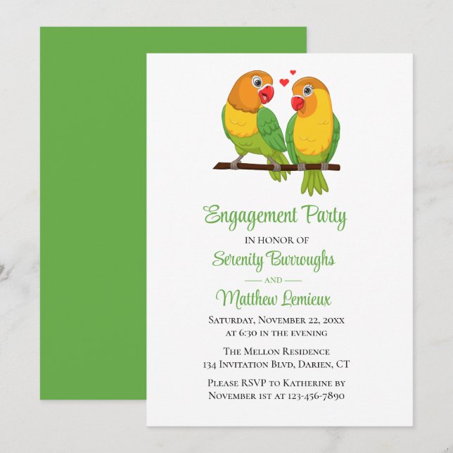 Invitation Cute Lovebirds Mariages Inséparables (Devant / Derrière)