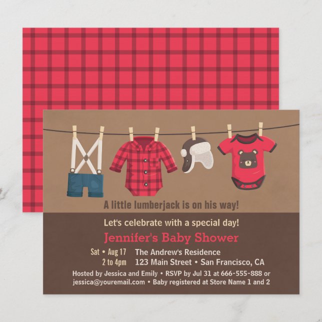 Invitation Cute Lumberjack Plaid Vêtements Baby showers Invit (Devant / Derrière)
