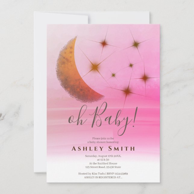 Invitation Cute lune étoiles ombre baby shower d'aquarelle (Devant)