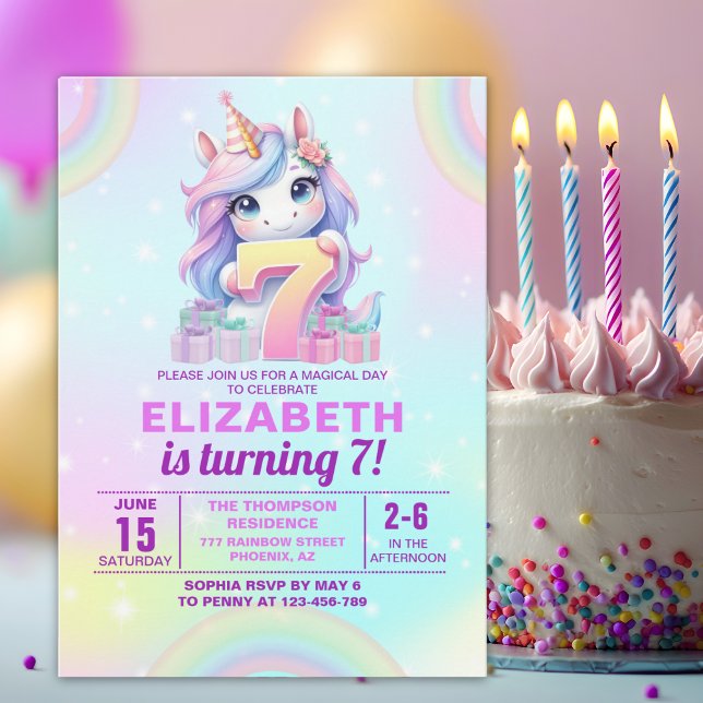 Invitation Cute Magical Unicorn 7th Birthday – Rainbow  (Créateur téléchargé)