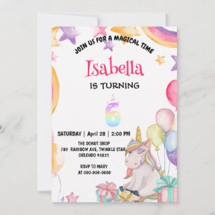 Invitation Cute Magique Arc-en-ciel Unicorn 6e fête d'anniver
