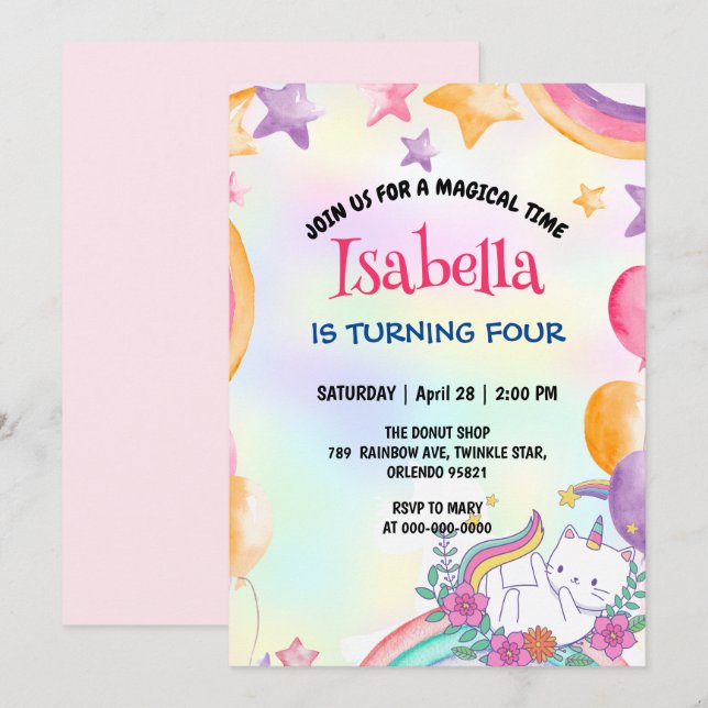 Invitation Cute Magique Rainbow Cat Unicorn fête d'anniversai (Devant / Derrière)