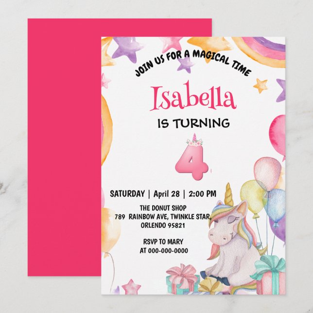 Invitation Cute Magique Rainbow Unicorn 4e fête d'anniversair (Devant / Derrière)