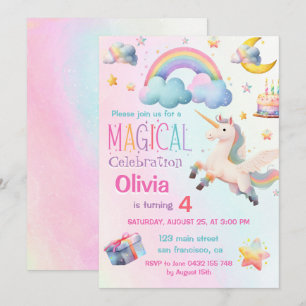 Invitation Cute Magique Unicorn Fille fête d'anniversaire