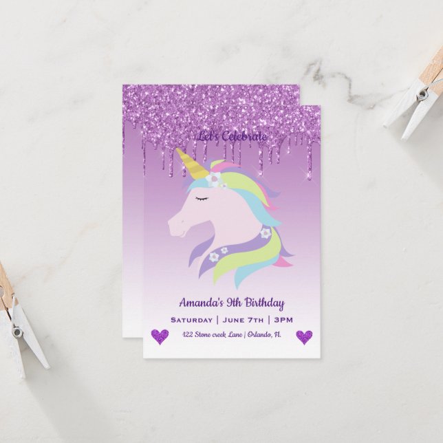 Invitation Cute Magique Unicorne & Coeurs Anniversaire (Devant/Arrière en situation)