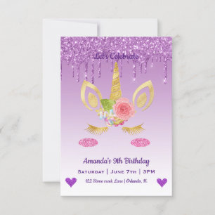 Invitation Cute Magique Unicorne & Coeurs Anniversaire