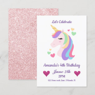 Invitation Cute Magique Unicorne & Coeurs Anniversaire