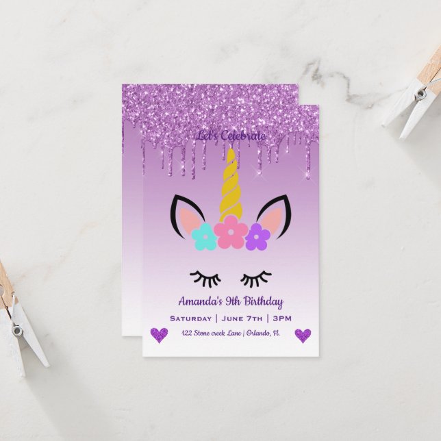 Invitation Cute Magique Unicorne & Coeurs Anniversaire (Devant/Arrière en situation)