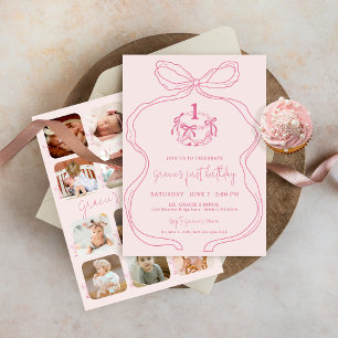 Invitation Cute Main Draw Bow Rose Girl Photo 1er anniversair