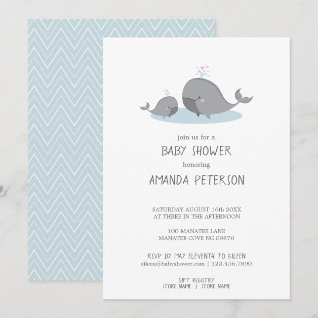 Invitation Cute Mama & Baby Whales Baby shower bleu Chevron (Devant / Derrière)