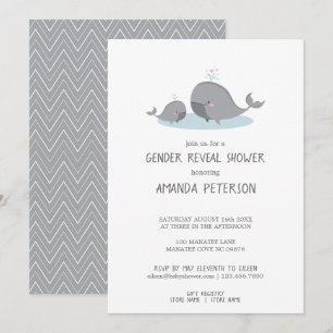 Invitation Cute Mama & Baby Whales Blue Chevron Révélation de