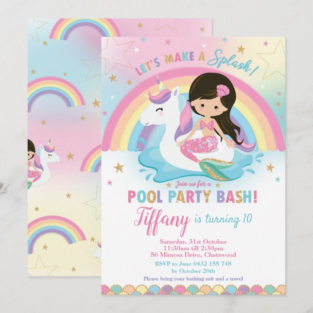 Invitation Cute Mermaid et Unicorn Floatie Pool Anniversaire  (Devant / Derrière)