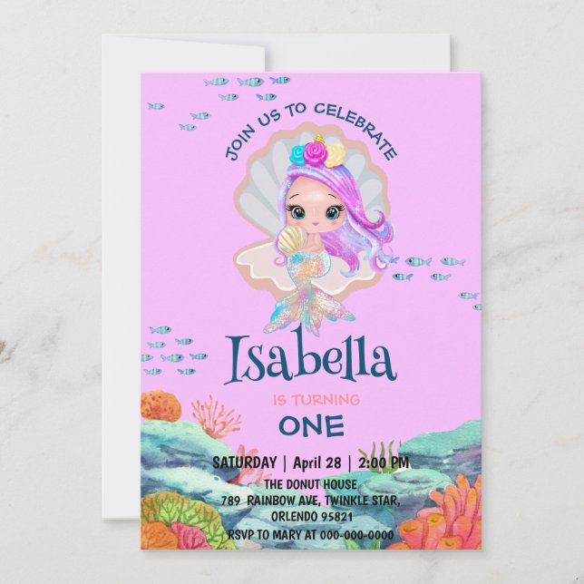Invitation Cute Mermaid parties scintillant perle arc en ciel (Devant)