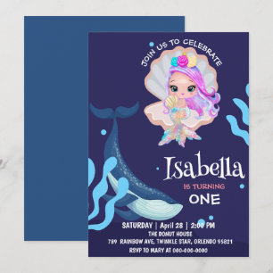 Invitation Cute Mermaid perle Rainbow Baleine fête d'annivers