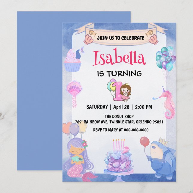 Invitation Cute Mermaid Rainbow Unicorn 1er anniversaire (Devant / Derrière)