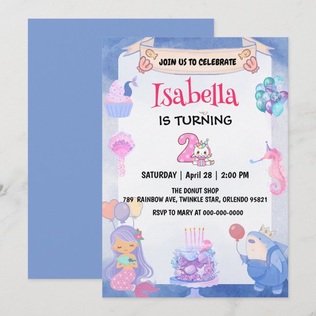 Invitation Cute Mermaid Rainbow Unicorn 2e fête d'anniversair (Devant / Derrière)