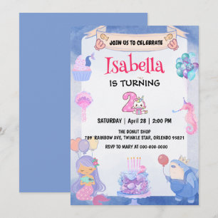Invitation Cute Mermaid Rainbow Unicorn 2e fête d'anniversair