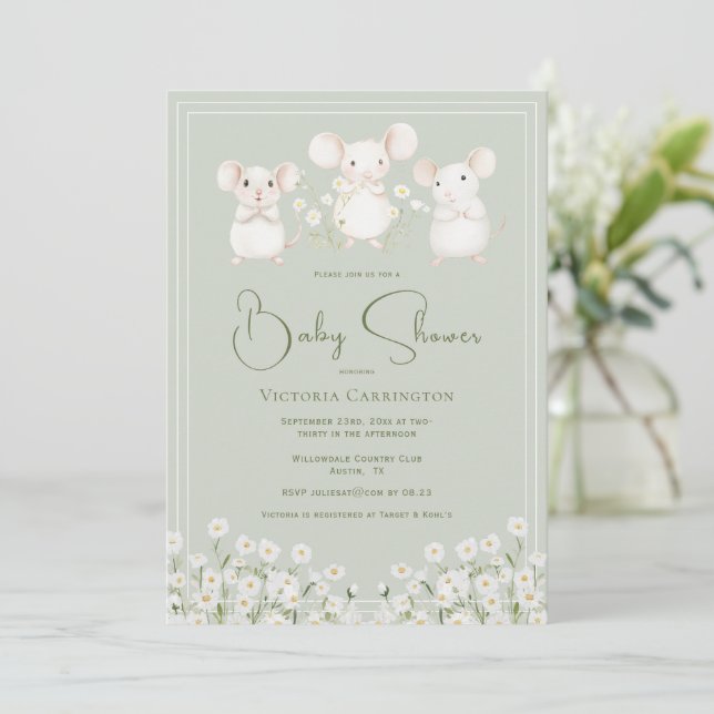 Invitation Cute Mice & Daisies Baby Shower (Debout devant)