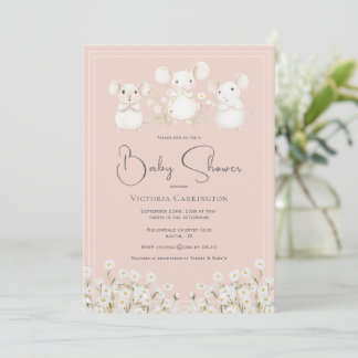 Invitation Cute Mice & Daisies Pink Baby Shower