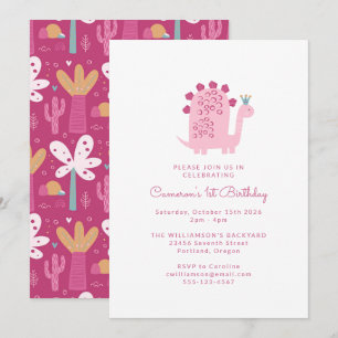 Invitation Cute Modern Pink Dinosaur 1er anniversaire