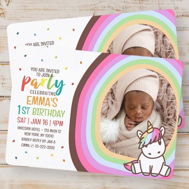 Invitation Cute Modern Rainbow Unicorn Photo Anniversaire de  (Créateur téléchargé)