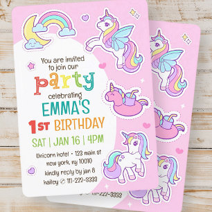 Invitation Cute Modern Rainbow Unicorns fête d'anniversaire p