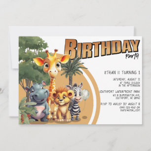 Invitation Cute Modern Safari Bébé Animaux Fête d'anniversair