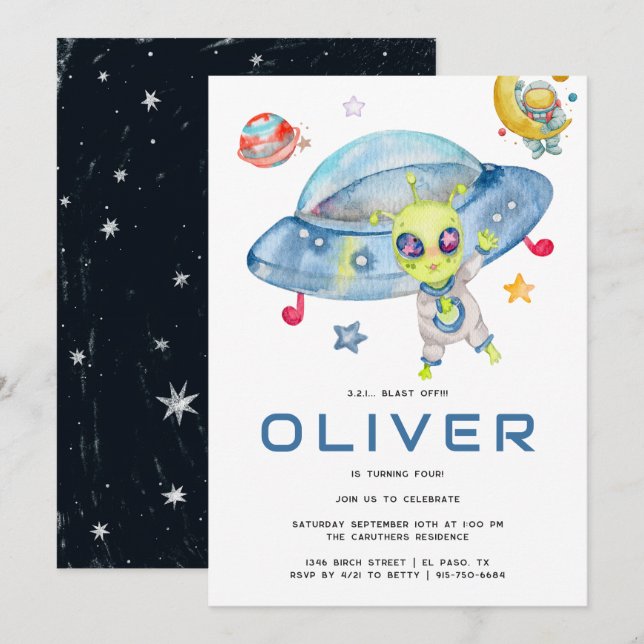 Invitation Cute Modern Space Alien UFO fête d'anniversaire (Devant / Derrière)