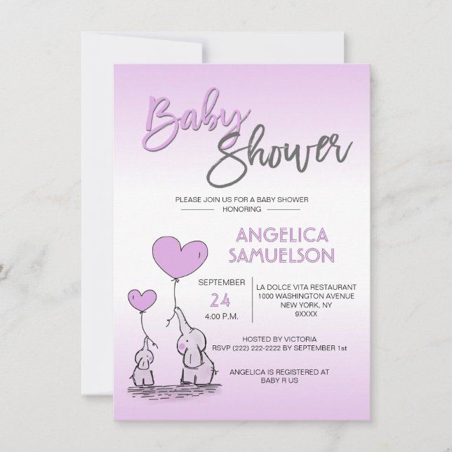 Invitation Cute Moderne LAVENDER Maman Elephant & Baby shower (Devant)