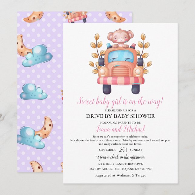 Invitation Cute Monkey Girl Baby shower Drive Through (Devant / Derrière)