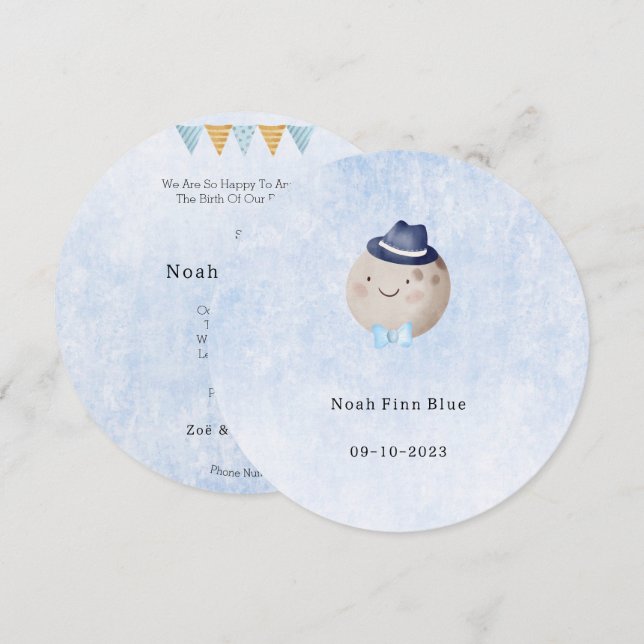 Invitation Cute Moon With Hat And Bow Baby Boy Card (Devant / Derrière)