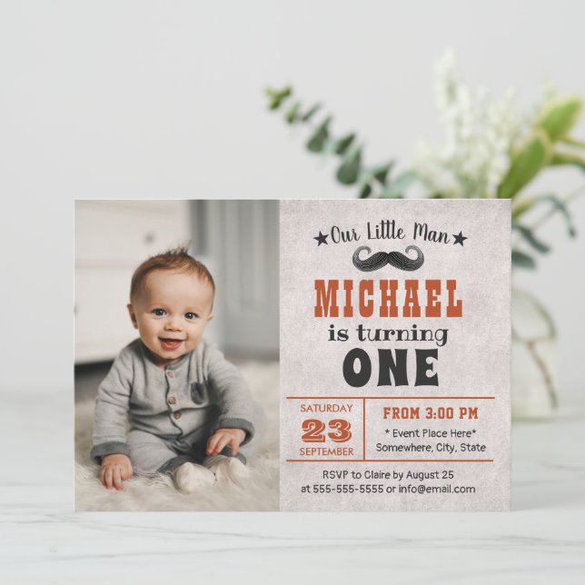 Invitation Cute Mustache Boy Photo 1ère fête d'anniversaire (Debout devant)