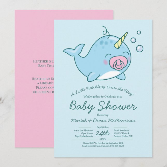 Invitation Cute Narwhal Baby shower Kawaii Rose Girl (Devant / Derrière)