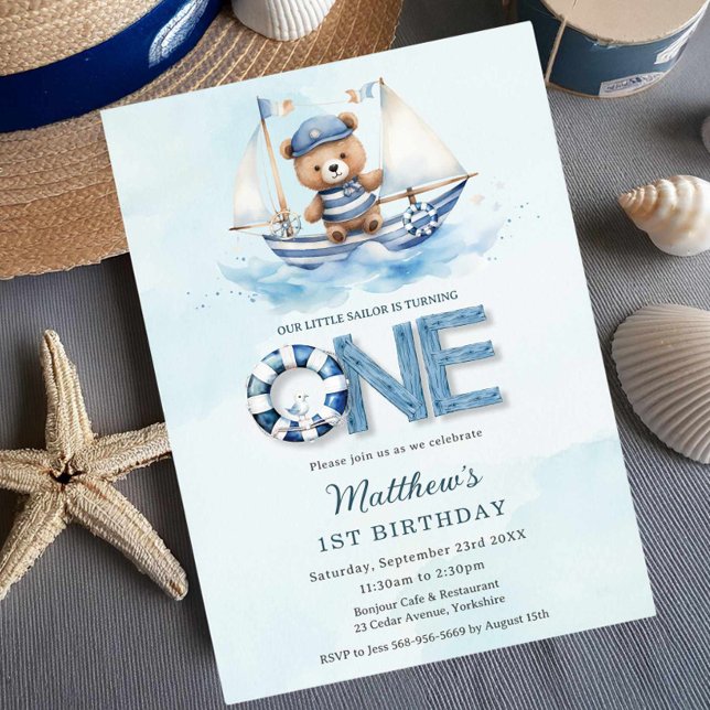 Invitation Cute Nautical Blue Boat Teddy Bear 1er anniversair (Créateur téléchargé)