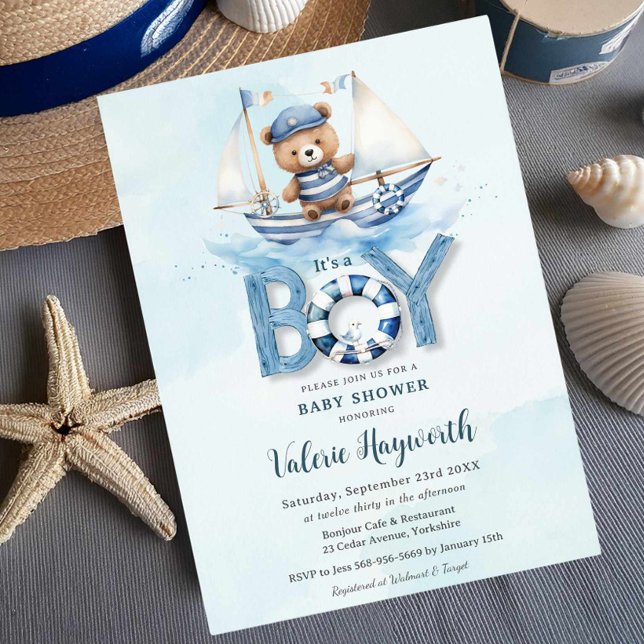 Invitation Cute Nautical Blue Boat Teddy Bear Boat Baby showe (Créateur téléchargé)
