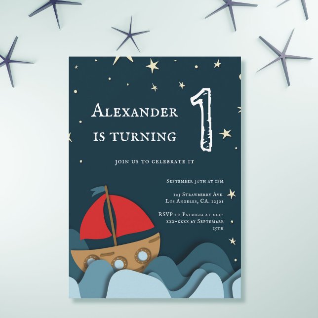 Invitation Cute Nautical Blue Sailboat Boy Premier anniversai (Créateur téléchargé)