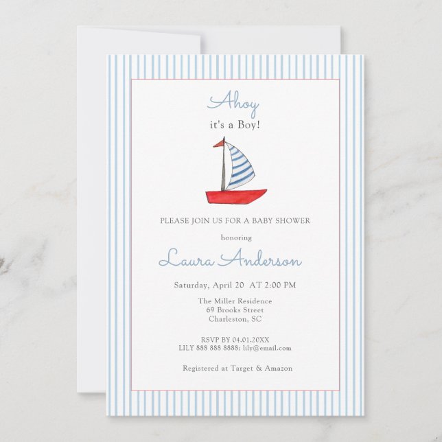 Invitation Cute Nautical boat Baby boy Baby shower (Devant)