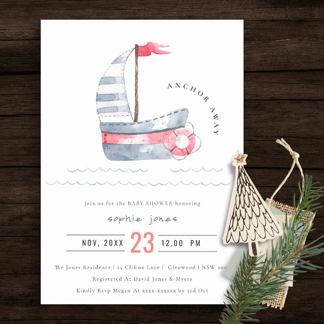 Invitation Cute Nautical Pastel Rouge Bleu Baby shower de voi (Créateur téléchargé)