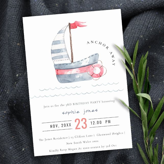 Invitation Cute Nautical Red Blue Anniversaire de enfant voil (Créateur téléchargé)