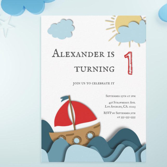 Invitation Cute Nautical Sail Boat Boy Premier anniversaire (Cute boat first birthday invitation by Kinda Cute by Patricia Alvarez)