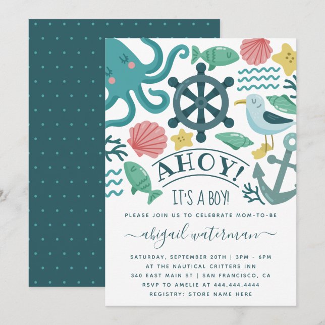 Invitation Cute Nautical Sea (Devant / Derrière)