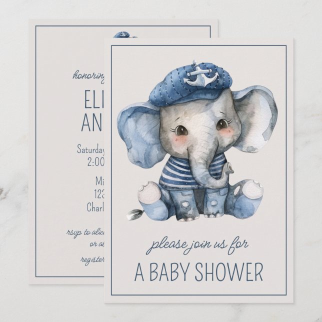 Invitation Cute Nautique Bleu Baby Elephant Personnalisé (Devant / Derrière)