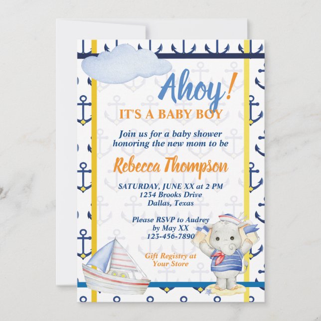 Invitation Cute nautique thème garçon baby shower (Devant)