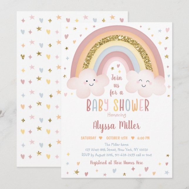Invitation Cute Neutre Boho Rainbow Clouds Baby shower (Devant / Derrière)